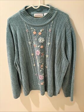 Alfred Dunner Teal Ribbed Turtleneck Sweater with Pastel Floral Embroidery